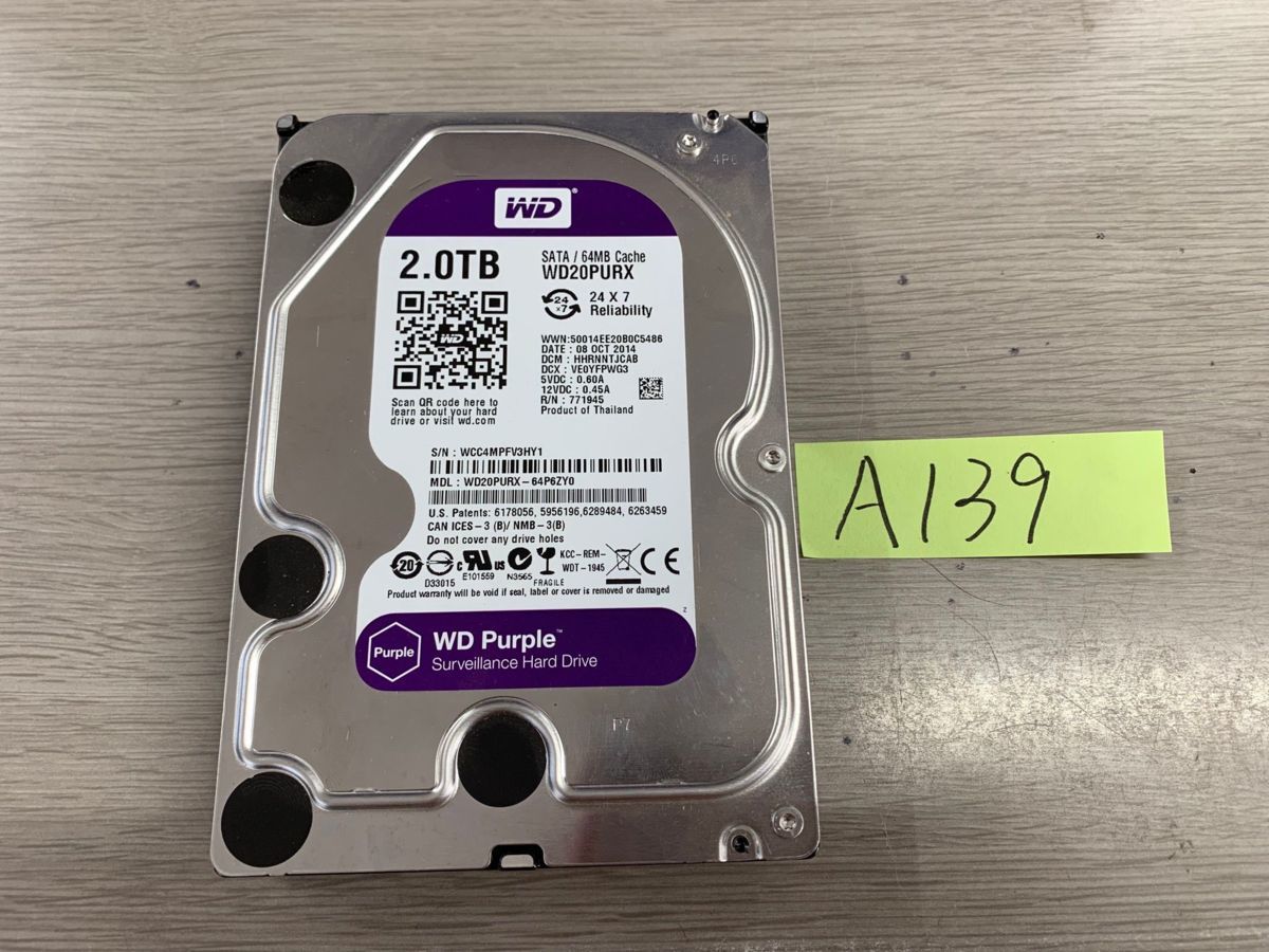 送料無料 WD20PURX-64P6ZY0 HDD Purple 2TB 3.5インチ SATA HDD2TB使用時間9610H★A139_画像1