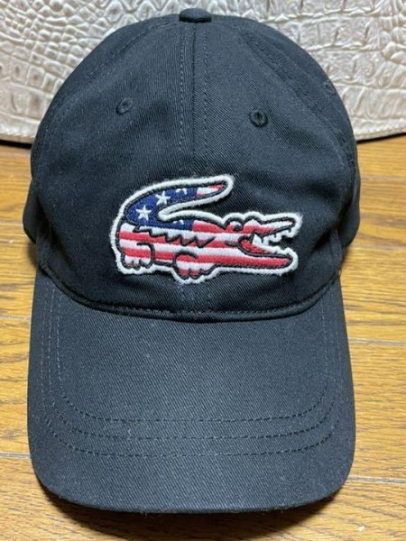 ラコステUSAアメリカ国旗ワニ刺繍ワッペン黒キャップ帽子クロコダイル 