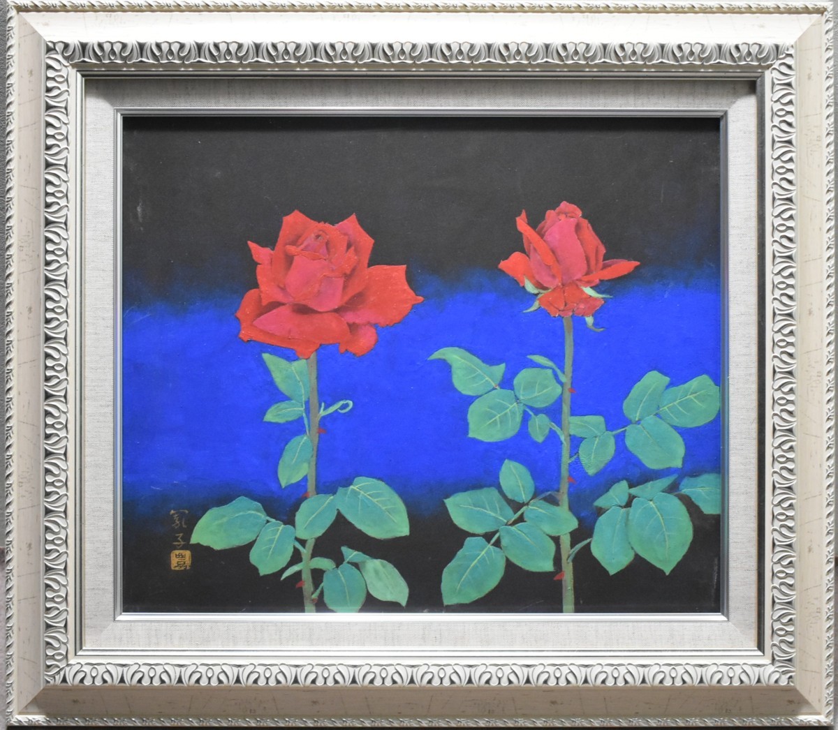 適当な価格 掘り出しおすすめ日本画作品！　　　豊蔵國子　8号　「赤いバラ」　　　　　　　　　正光画廊 花鳥、鳥獣