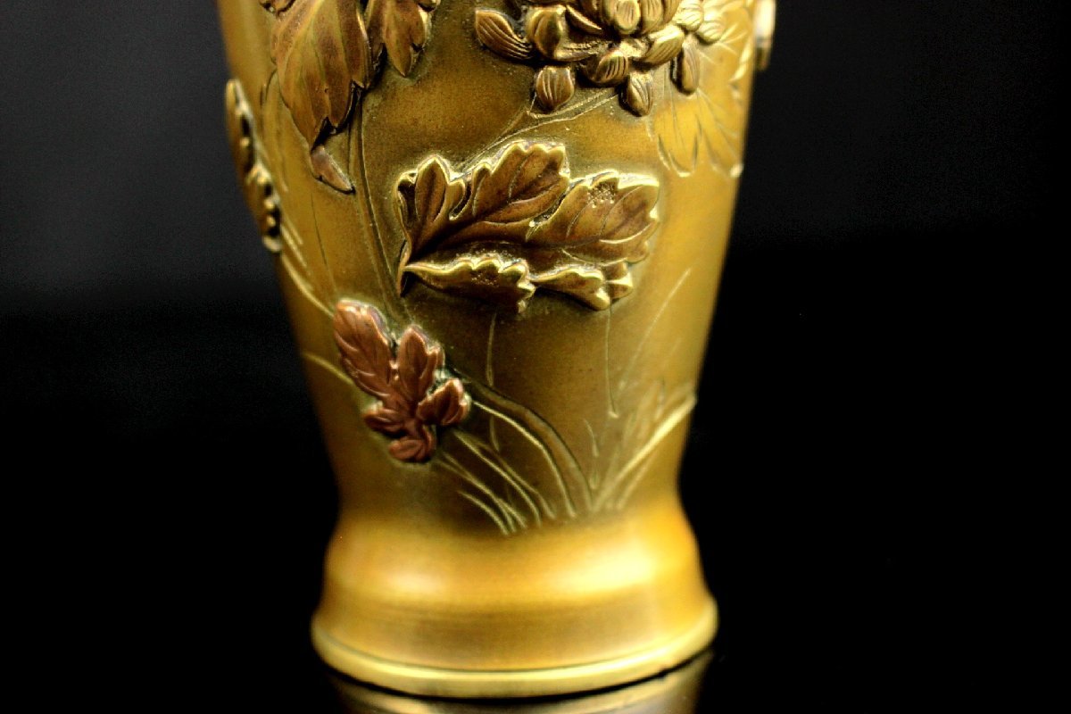 董芸 明治期 金工師造 黄銅 高肉象嵌 花鳥文 花瓶 一対 蔵出品 27454 