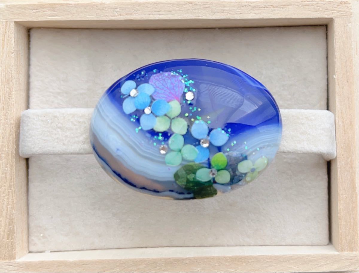 ☆〜天然石 ブルー縞瑪瑙 紫陽花 帯留め40×30