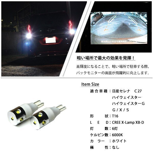 セレナ C27系 G X S LEDバックランプ ハイウェイスター CREE LED 30W 6000K ホワイト T16 無極性_画像5