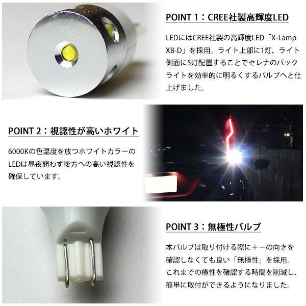 セレナ C27系 G X S LEDバックランプ ハイウェイスター CREE LED 30W 6000K ホワイト T16 無極性_画像4