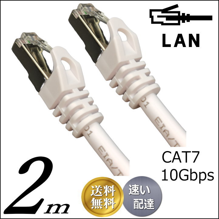 LANケーブル 2m Cat7 高速転送10Gbps/伝送帯域600Mhz RJ45コネクタツメ折れ防止 ノイズ対策シールドケーブル 7T02□■