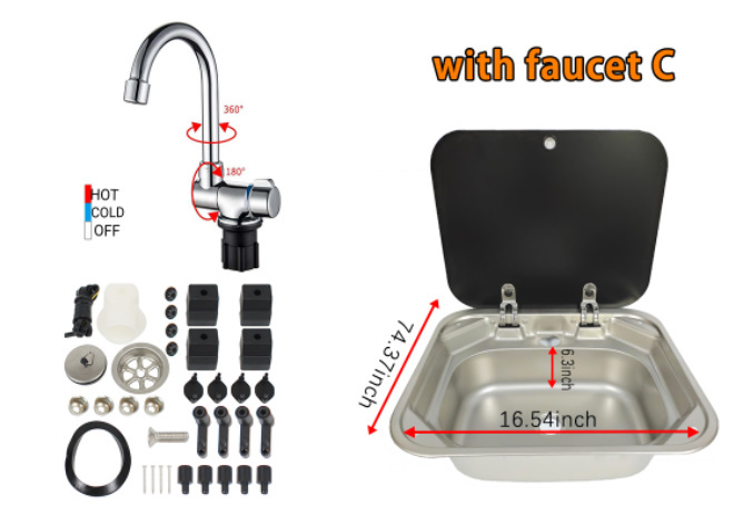 RV camper kitchen 1 piece made of stainless steel sink. sink cover is strengthen glass . safety safety faucet set camp . recommendation all 4 kind 