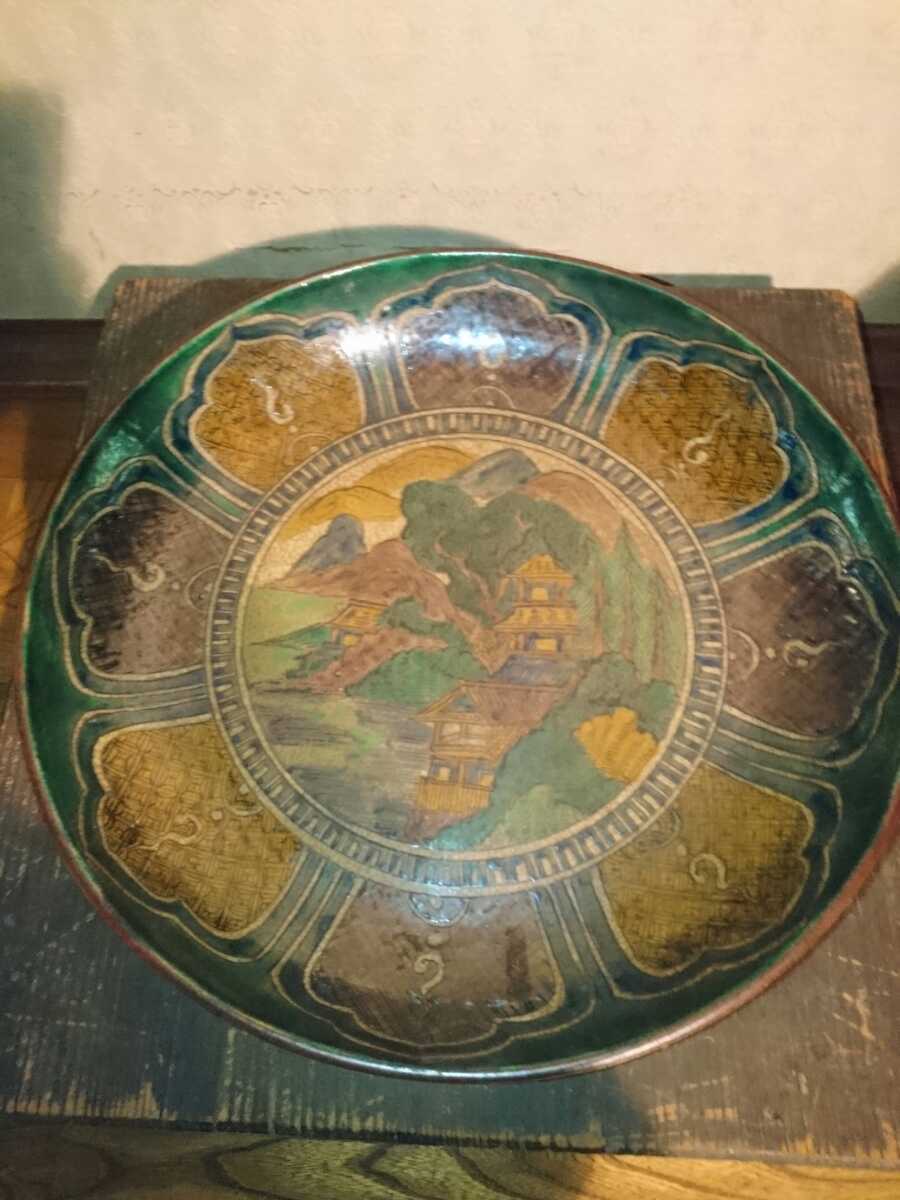 古九谷吉田屋青手色絵楼閣山水図大皿(江戸中期) 古九谷吉田屋青手色絵楼閣山水図大皿(江戸中期)