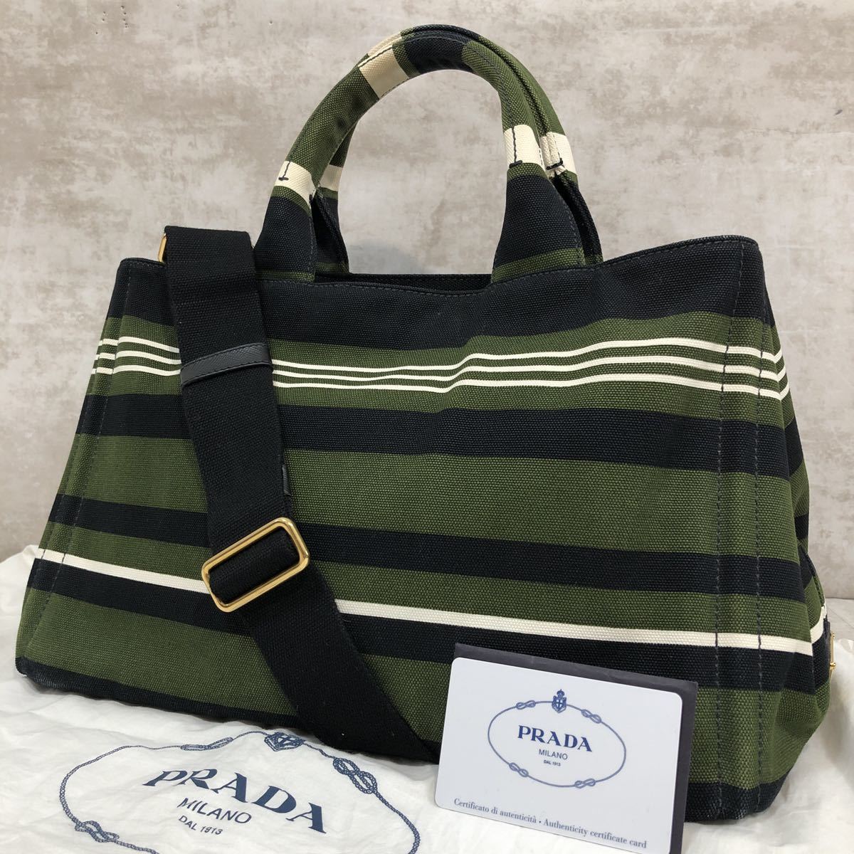 １円【希少デザイン・極美品】PRADA　プラダ　CANAPA　カナパ　ハンドバッグ　ショルダー 2WAY ボーダー　キャンバス　緑×紺×白　Gカード_画像1