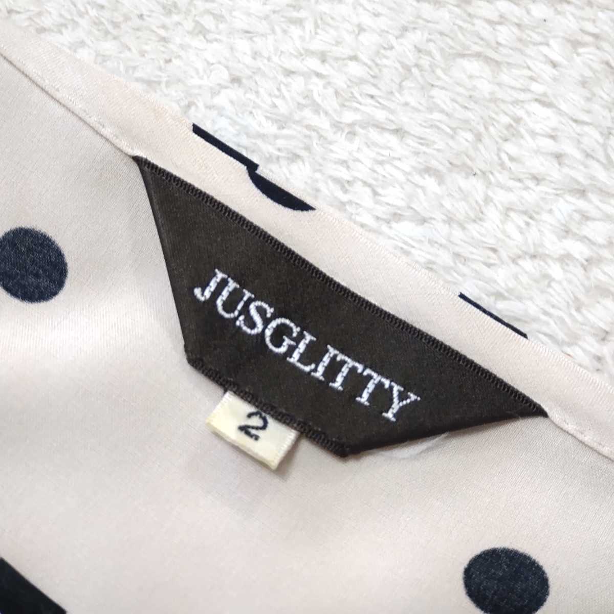 【JUSGLITTY】着やすいストレッチドットワンピースジャスグリッティ サイズ2m ベージュ金チェーンリボンベルト 7分丈 水玉柄