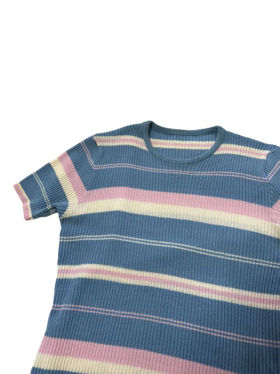 【海外限定】  ビンテージ　ニットポロシャツ　ボーダー　ピンク　半袖 古着　vintage ポロシャツ