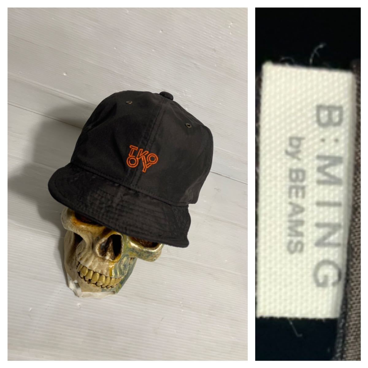 B:MING by BEAMS ビームス TOKYO 刺繍 ツバ小 ジェットキャップ 帽子 黒茶 57〜61cmの画像1