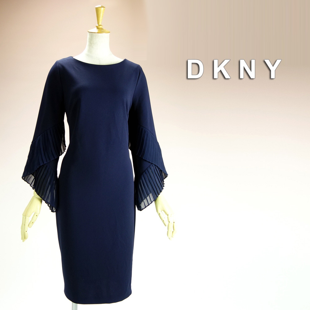 新品 DKNY 4/9号 ダナキャラン 紺 ベルスリーブ ワンピース パーティドレス 長袖 結婚式二次会 披露宴 発表会 お呼ばれ オフィス 華41W2901_画像1