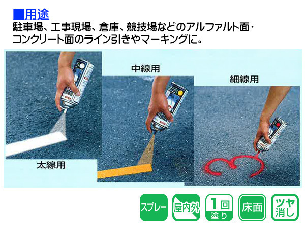 アサヒペン 道路線引き用スプレー 400ml 黄 太線用 約9cm ツヤ消し 不透明 屋内 屋外 塗装 塗料 DIY 駐車場 倉庫 マーキング_画像2