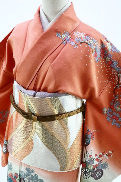 未使用品 訪問着 袋帯 帯揚げ 帯締め4点セット トールサイズ 身丈166cm 裄丈66cm 茶×抹茶色 花車 入学式 卒業式 正絹 m-3118
