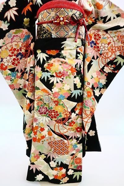[ free shipping ] beautiful goods book@ long-sleeved kimono Kyouyuuzen double-woven obi long kimono-like garment obi . obi shime piling collar 6 point full set black tall size 175cm silk .m-2436