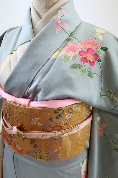 訪問着 袋帯 帯揚げ 帯締め4点セット 身丈161cm 裄丈64cm 灰色 オフホワイト 花柄 入学式 卒業式 正絹 袷 仕立て上がりm-3286