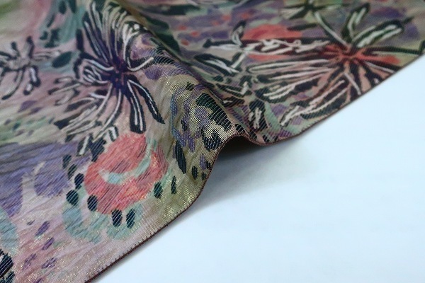 送料無料】美品 都喜ヱ門 袋帯 茶色系統 刺繍 長さ4m39.5cm 豪華