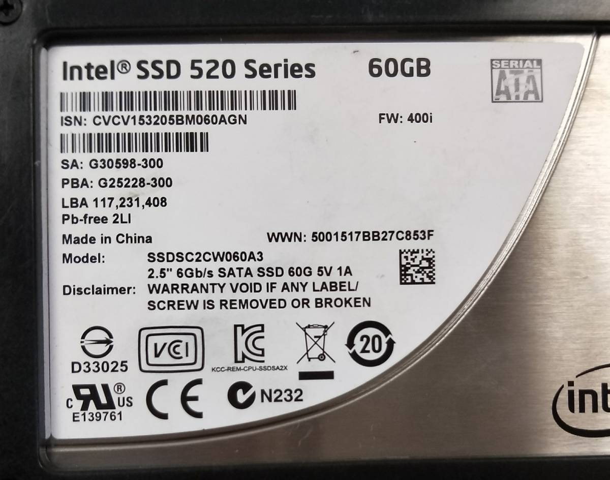 【中古パーツ】2.5 SATA SSD 60GB 1台　正常（100%）INTEL SSDSC2CW060A3 ■SSD144_画像3