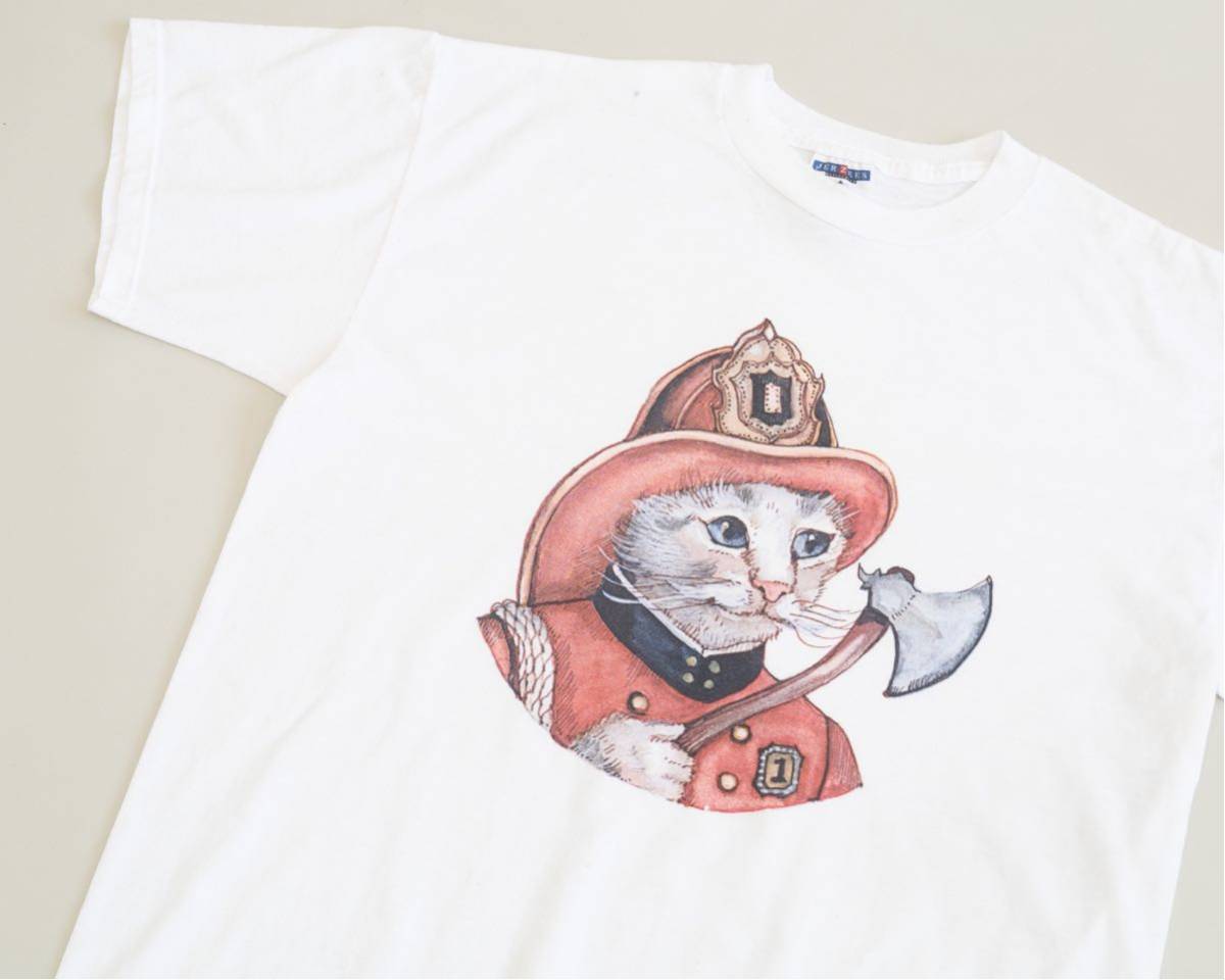 【アメリカ製】90s jerzees 長靴を履いた猫? tシャツ ヴィンテージ 70s 80s USA製 アート hanes fruit of the loom プリント 白T_画像1