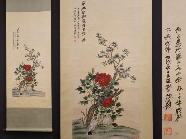 真作 中国書画「唐雲 花鳥図」肉筆紙本 掛け軸 書画立軸 巻き物 古美術