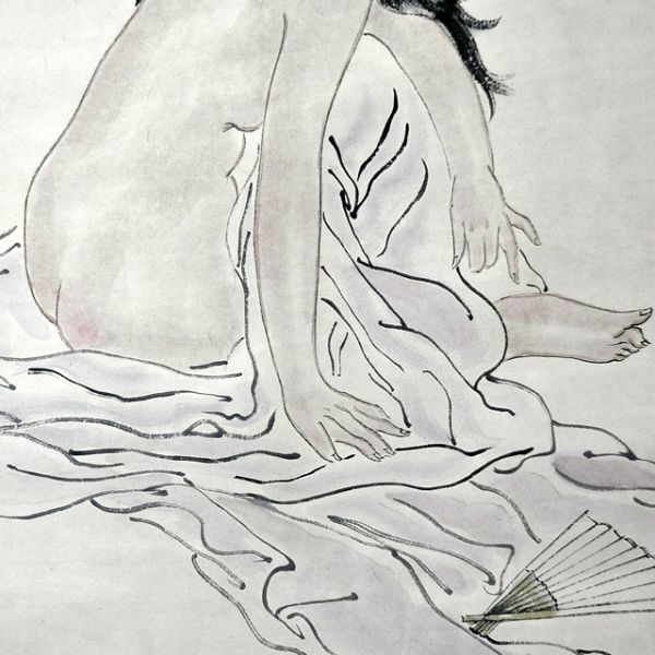 F25528 中国美術 家英 作「春梅 裸婦画」美人画 女性画 掛軸 紙本 水彩