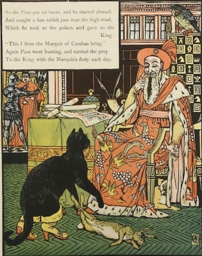 【特価】　＊100年前の絵本箱＊ 　 ≪ 　ウォルター　クレイン　 ≫　 アンティーク多色石版画　　PUSS IN BOOTS　 1897年　WALTER CRANE