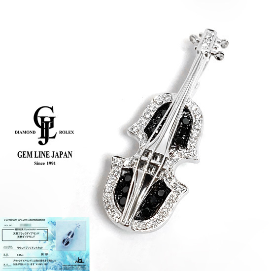 最新人気 NGLカード鑑付 K18WG ダイヤモンド&ブラックダイヤモンド 0.25ct ヴァイオリン ブローチ ダイヤモンド