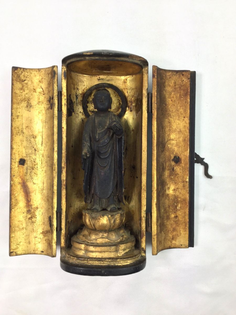 三】地蔵菩薩・如意宝珠 厨子仏像 彫刻木像 木彫立像 高さ15.5cm 時代