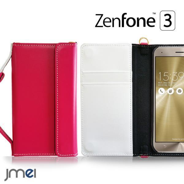 ZenFone3 ZE520KL JMEI 本革 手帳ケース カード収納付 ハンドルストラップ 調整可能 折りたたみ ホットピンク
