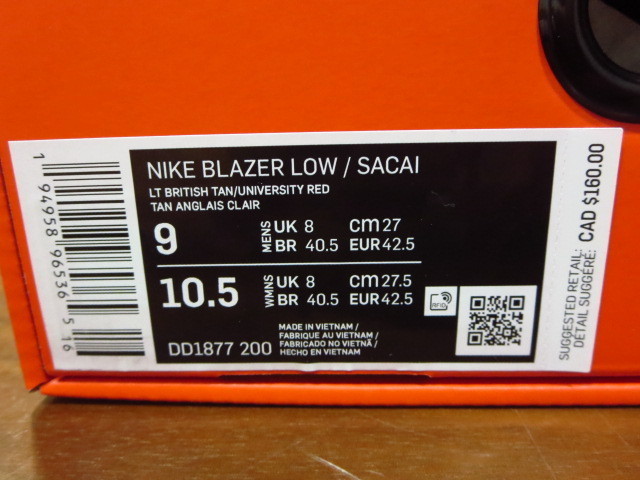 NIKE ナイキ NIKE BLAZER LOW / SACAI サカイ ブレザー スニーカー 新品 LT BRITISH TAN / UNIVERSITY RED US9 27cm_画像9