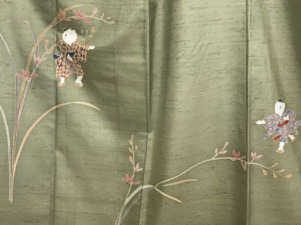 美品保管品　正絹　紬の着物　付け下げ訪問着　童と和蘭の紋様　海松色　同色の八掛　お出かけに　_画像6