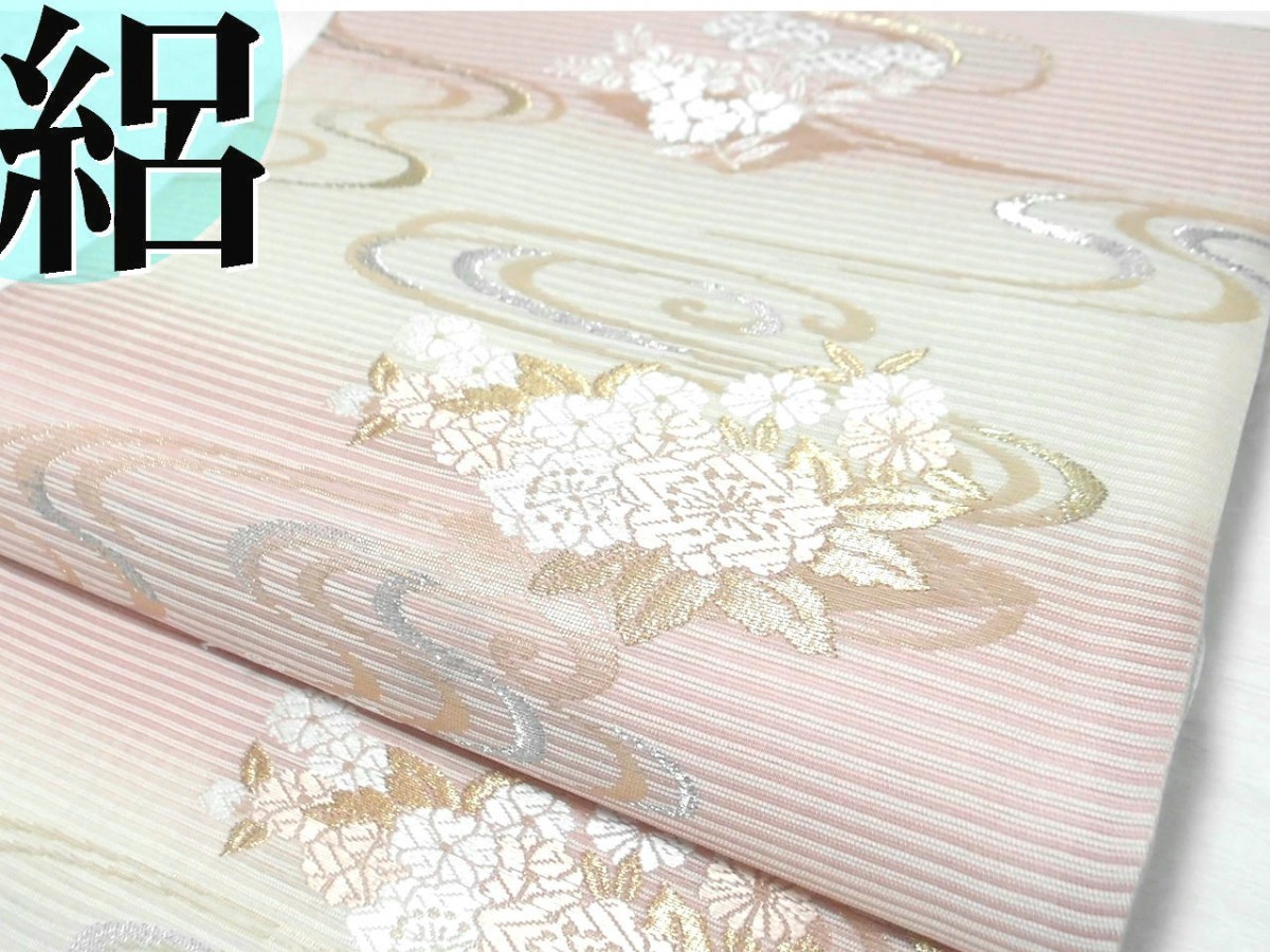夏帯 美品 絽綴れ 白×薄ピンク横段ぼかし 長さ440cm幅31cm 唐織 四季花