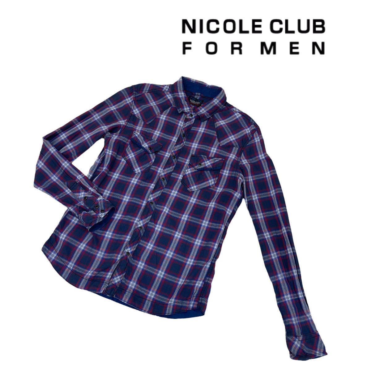 b81 NICOLE CLUB FOR MEN ニコルクラブフォーメン 長袖 シャツ 長袖シャツ トップス スナップボタン ネイビー系 チェック メンズ 46_画像1