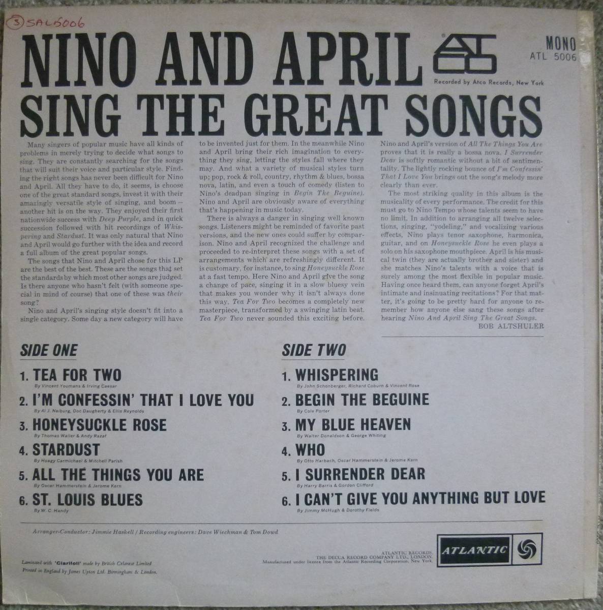 Nino Tempo & April Stevens[Nino And April Sing The Great Songs]LP Soft Rock soft lock 