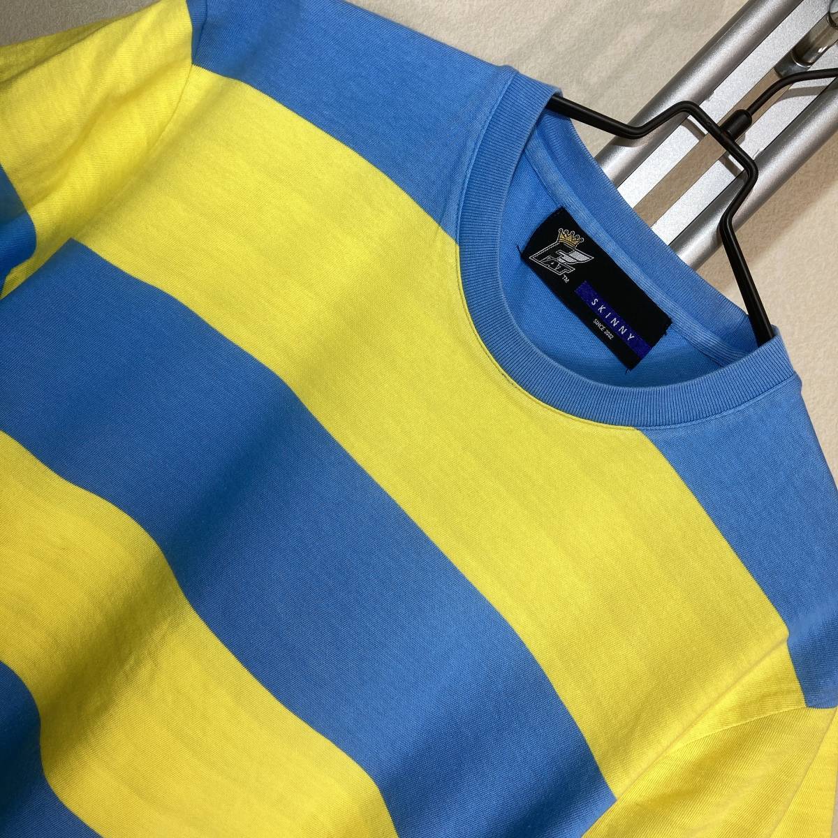 V634#FAT* бледно-голубой * желтый окантовка * футболка #SKINNY