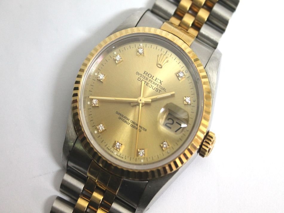 中古 ROLEX デイトジャスト 10P ダイヤ オートマチック メンズ腕時計 16233G X番 3針 デイト ゴールド コンビ 自動巻き SS K18 ロレックス