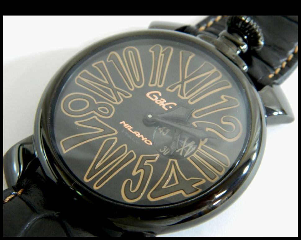 動作品 GaGa MILANO マニュアーレ 46 メンズ 腕時計 3針 ガガミラノ クォーツ SS レザーベルト ゴールド系 ブラック系 男性 時計 中古 USED