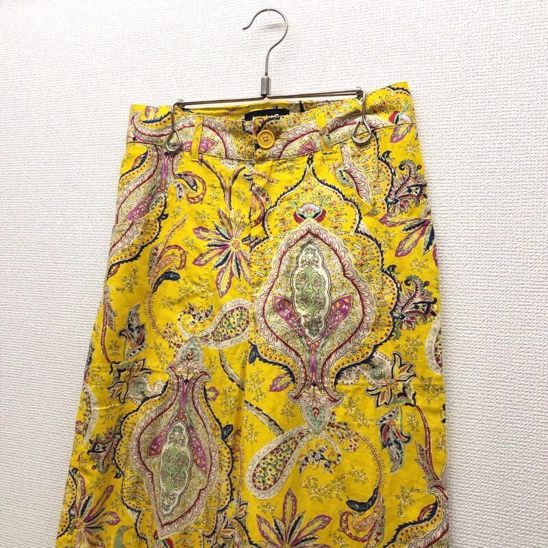 [f218]Desigual total pattern wide pants 36 yellow long height light ground flax × cotton yellow color lady's brand old clothes tesigaru free shipping 