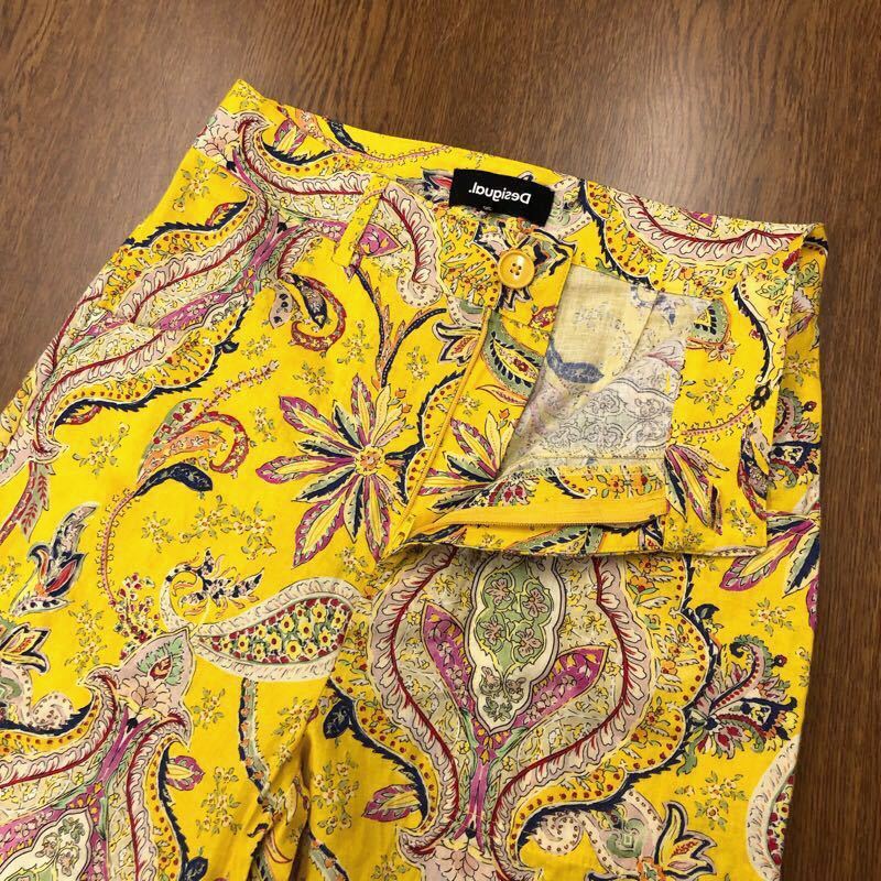 [f218]Desigual total pattern wide pants 36 yellow long height light ground flax × cotton yellow color lady's brand old clothes tesigaru free shipping 