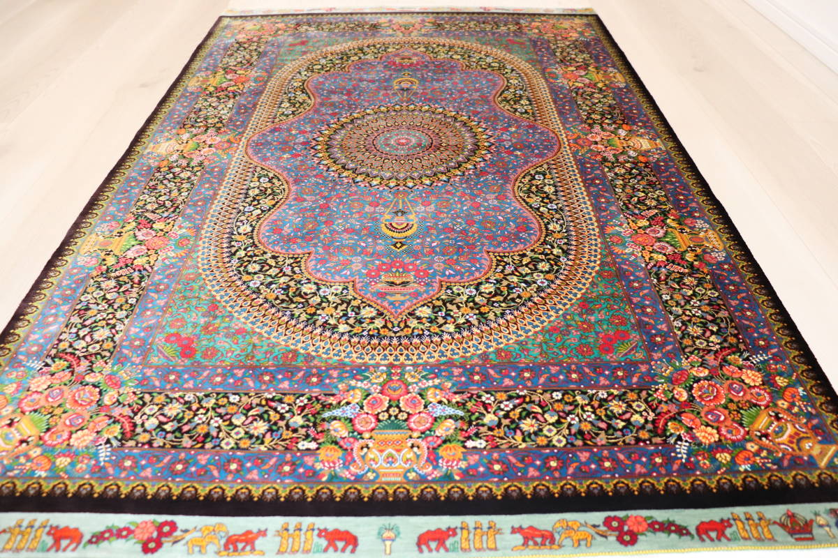 [おすすめ品]証明書付 最高級 手織り ペルシャ絨毯 Qom クム産 天然絹（シルク）100% リビングサイズ No.12016_画像1