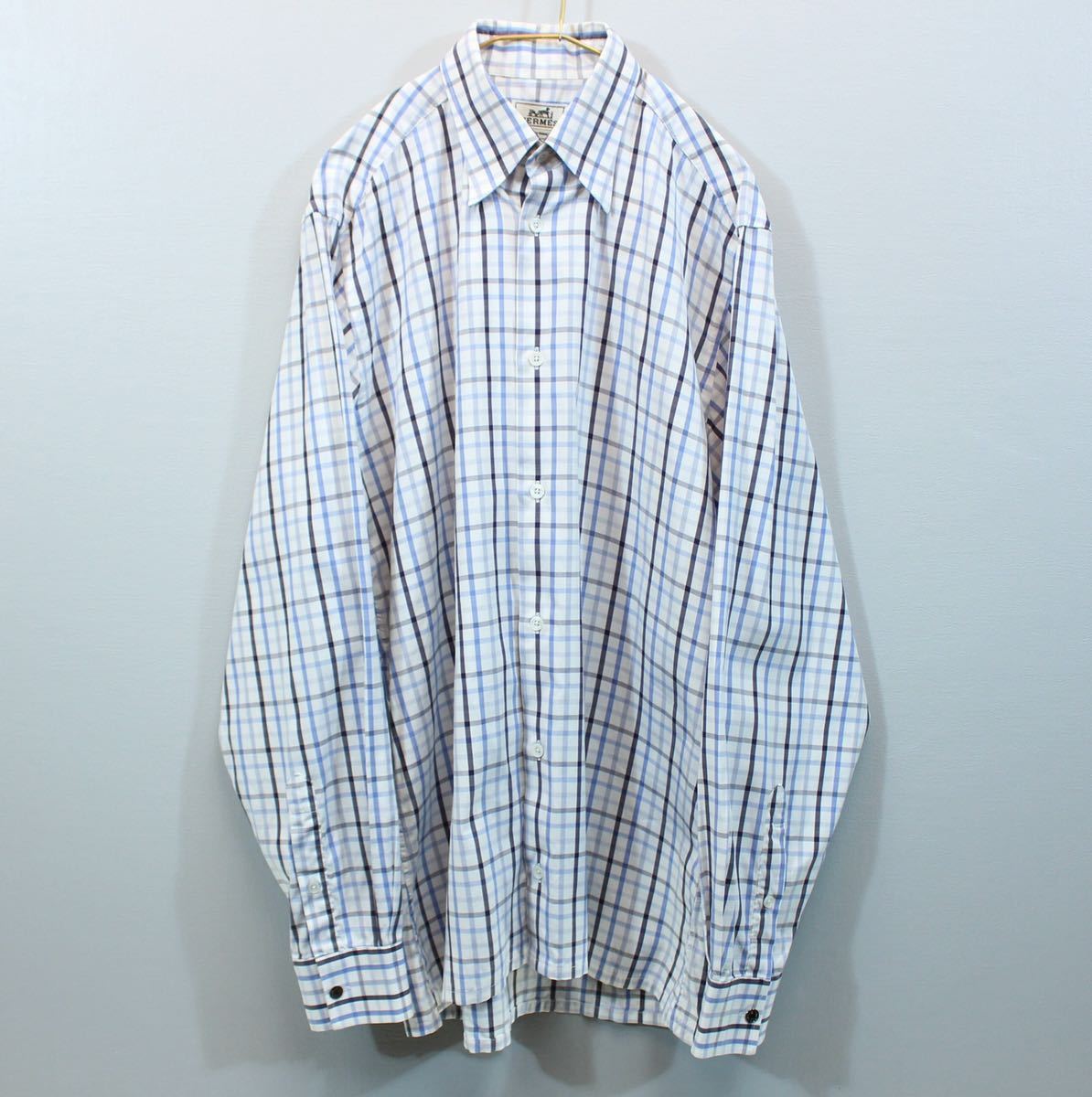 HERMES SERIE BUTTON CHECK PATTERNED LONG SLEEVE SHIRT MADE IN FRANCE/エルメスセリエボタンチェック柄長袖シャツ_画像4