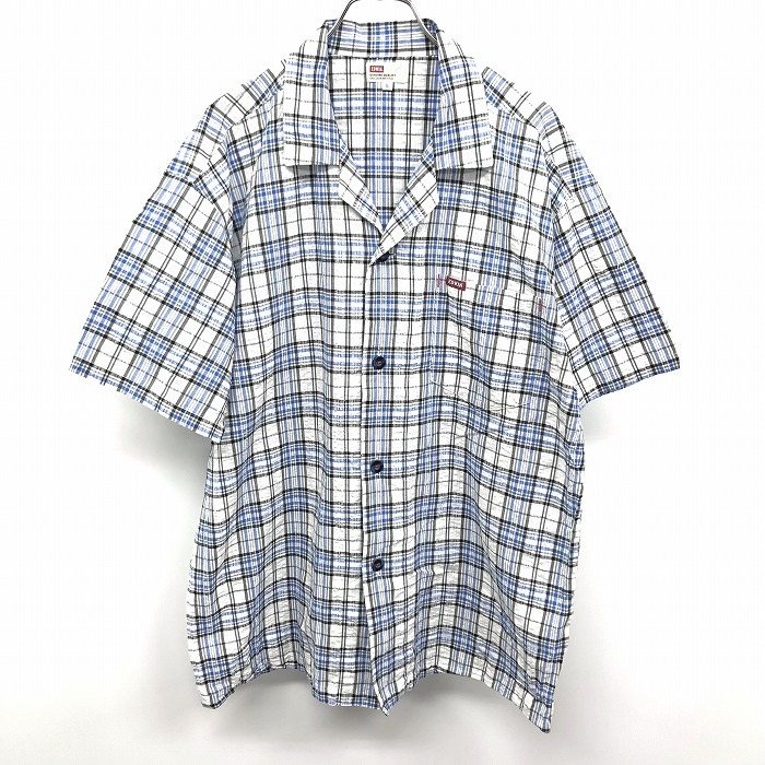 EDWIN エドウィン L メンズ クレープ シアサッカー オープンカラー シャツ チェック 半袖 綿100% ブルー×ブラック×ホワイト 青×黒×白_画像1