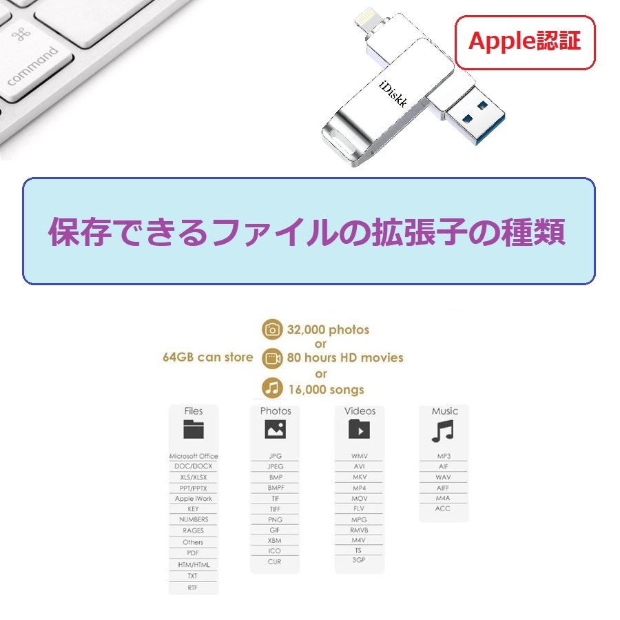 USBメモリ 64GB apple認証 MFI認証 iPhone iPad Lightning USB3.0 バックアップ コピー 外部メモリ 32GB 128GB iDiskk 64GB