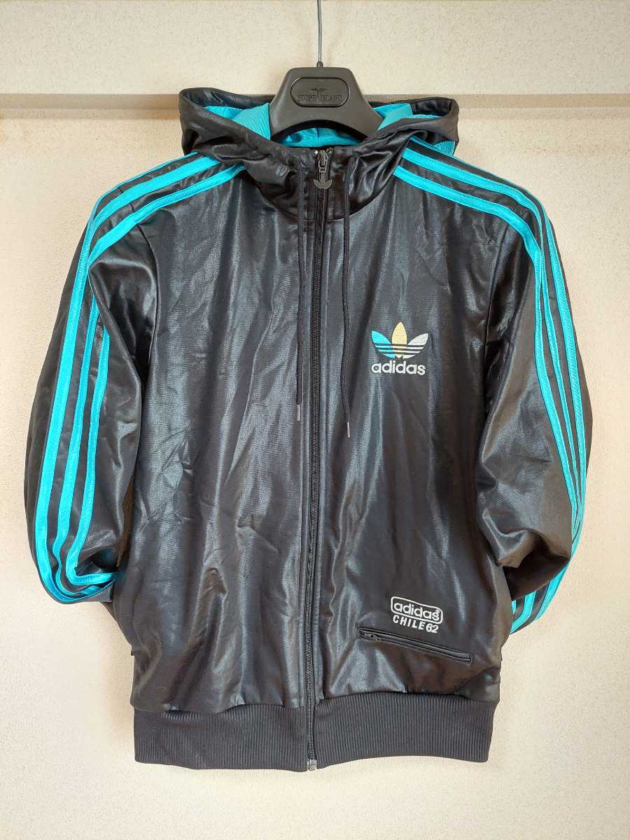 【90s】adidas CHILE62ジャージトップ美品S黒ブラックxネオンカラーSトレフォイル正規アディダストラックジャケットVintageヨーロッパ限定_画像1