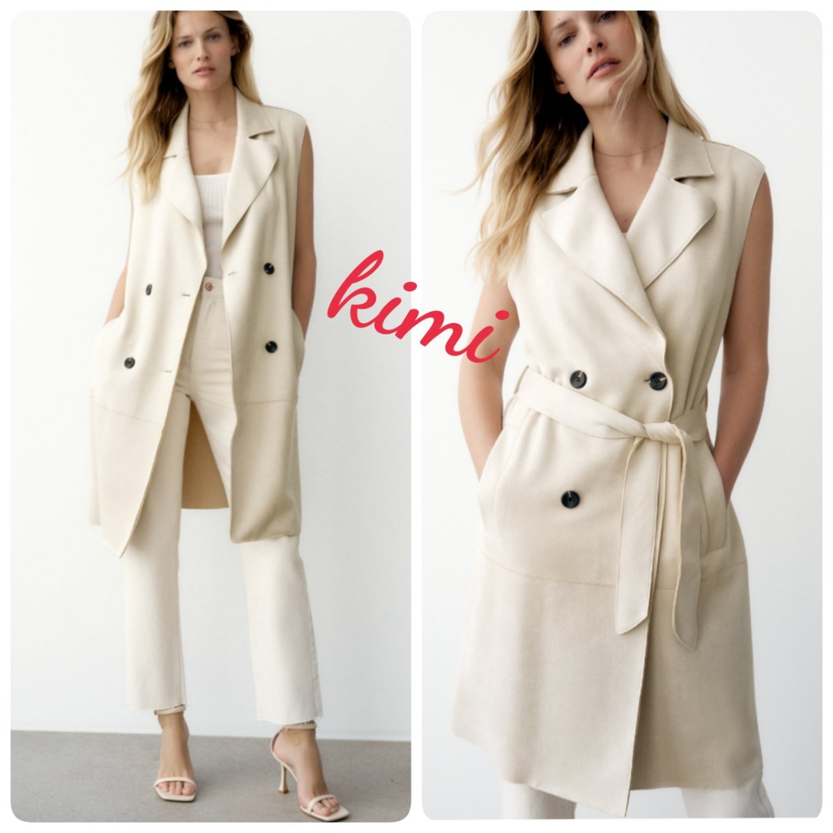 ZARA (XS エクリュ) ベルト付きスエード風ベスト ジレ ダブル ZARA (XS エクリュ) ベルト付きスエード風ベスト ジレ ダブル