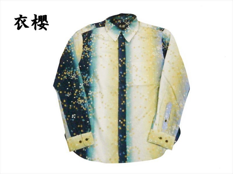 衣櫻 ころもざくら SA-1444 エンボス素材 金粉 小花 グラデーション 長袖シャツ/和柄シャツ ネイビー L 新品 日本製