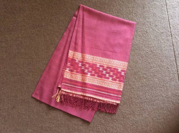 未使用 インド 天然素材 手染め 手織り高級コットンストール 華やかなボルドー系カラー 民族刺繍