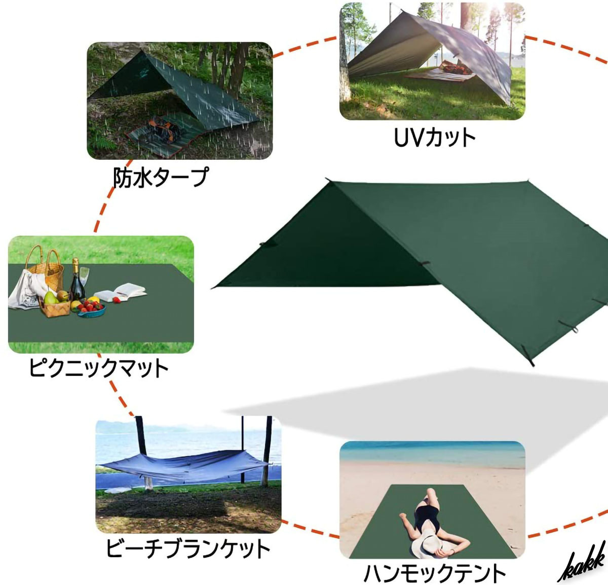 【210Tポリエステル】 スクエアタープ 450×300m 耐水性3000mm UVカット 遮光 遮熱 アウトドア キャンプ ツーリング 野外フェス グリーン