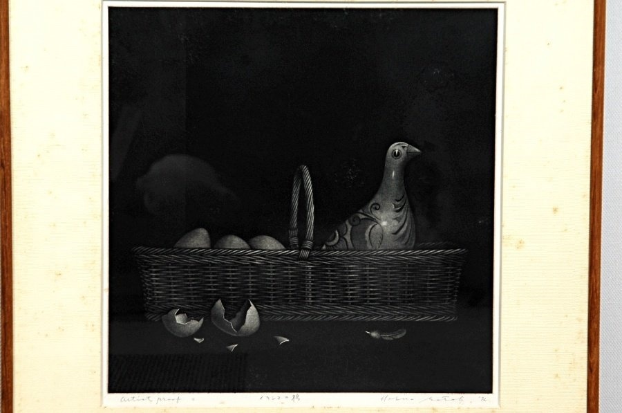 佐藤暢男　銅版画　メゾチント　「メキシコの鳩」　１９７２年　５５．５×６５．４ｃｍ　　_画像3