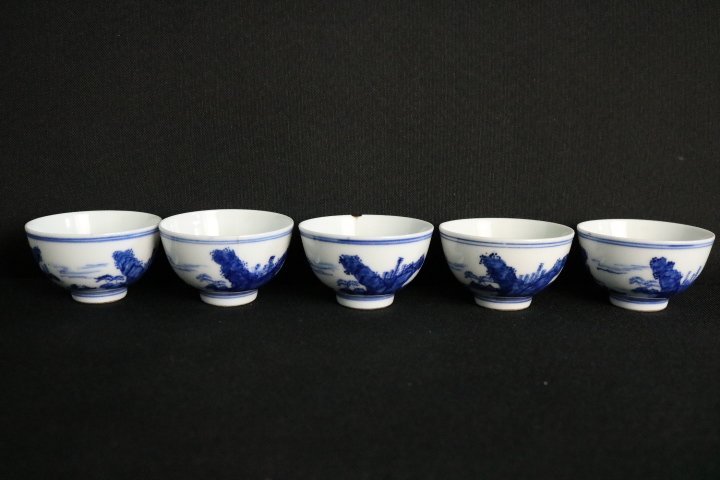 TB526道八 煎茶器 茶碗 5客◇茶道具/染付/茶盃/ぐい呑/猪口/磁器/時代/骨董/古美術/陶芸/工芸/民藝/漢詩/山水文/古道具タグボート_画像4