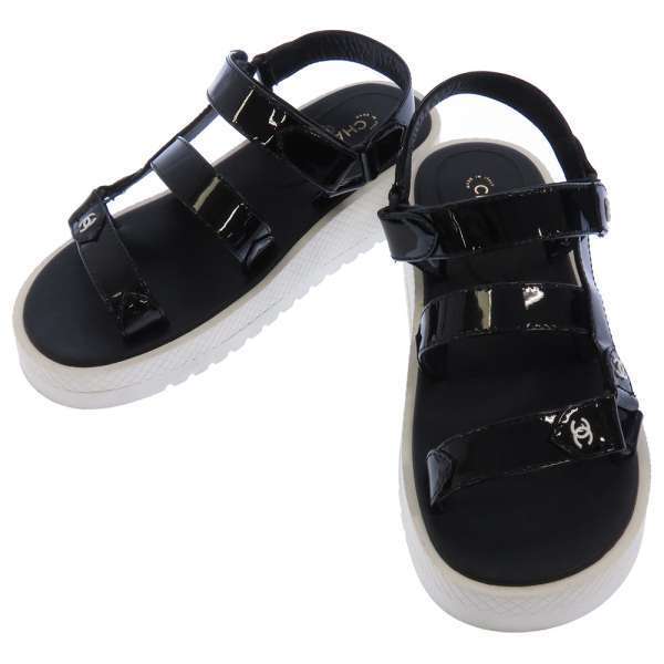 シャネル サンダル ココマーク エナメル レディースサイズ36 G35445 CHANEL 靴 黒 安心保証